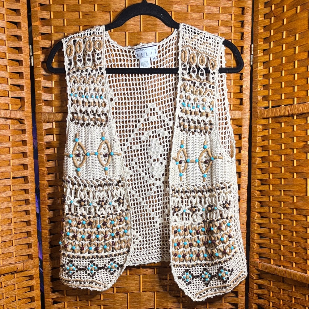 Beaded Crochet Open-Front Vest - Cream with Turquoise Accents